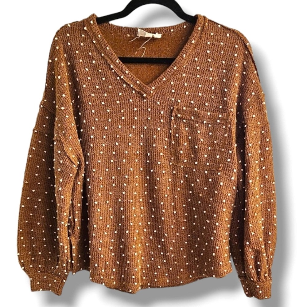 Burnt Orange Popcorn Polka-Dot V-Neck Ballon Sleeve Oversized Sweater Size